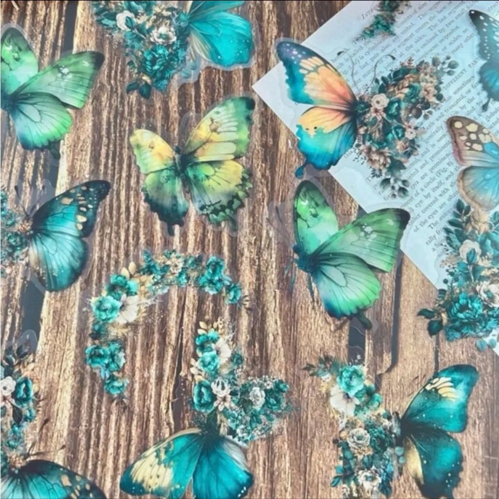 New! Blue, Green, & Teal Butterfly & Floral Moon Transparent Stickers Set of 30